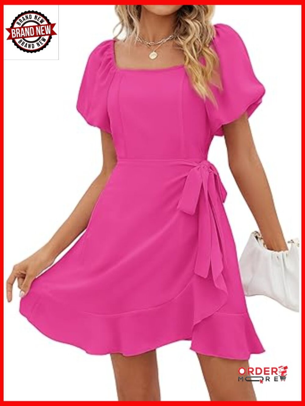 Square Neck Puff Sleeve Tie Waist Short Dress